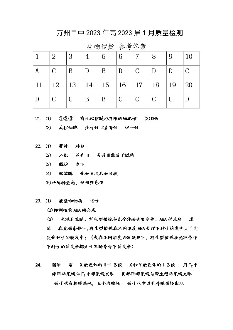 2023重庆市万州二中高三上学期1月质量检测生物试题含答案01