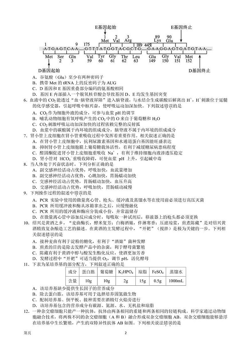 2023届江苏省扬州市高三上学期期末考试生物试卷 PDF版第2页