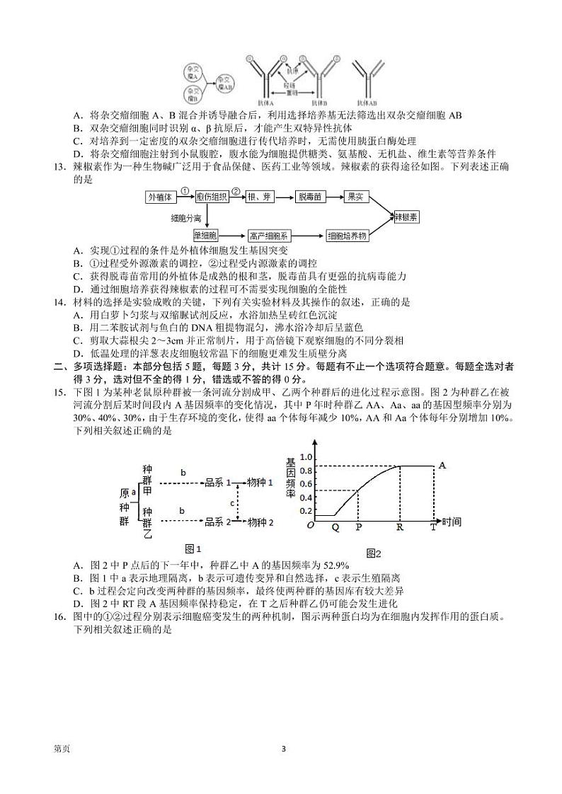 2023届江苏省扬州市高三上学期期末考试生物试卷 PDF版第3页