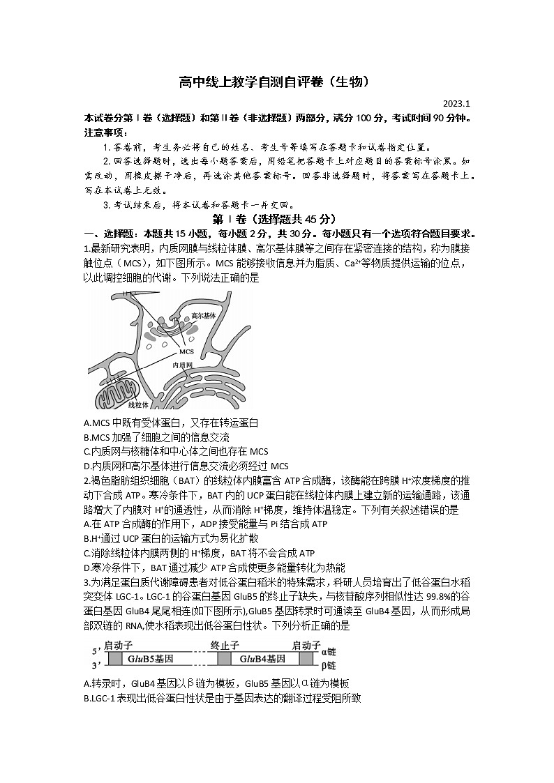 2023德州高三上学期期末考试生物含答案第1页