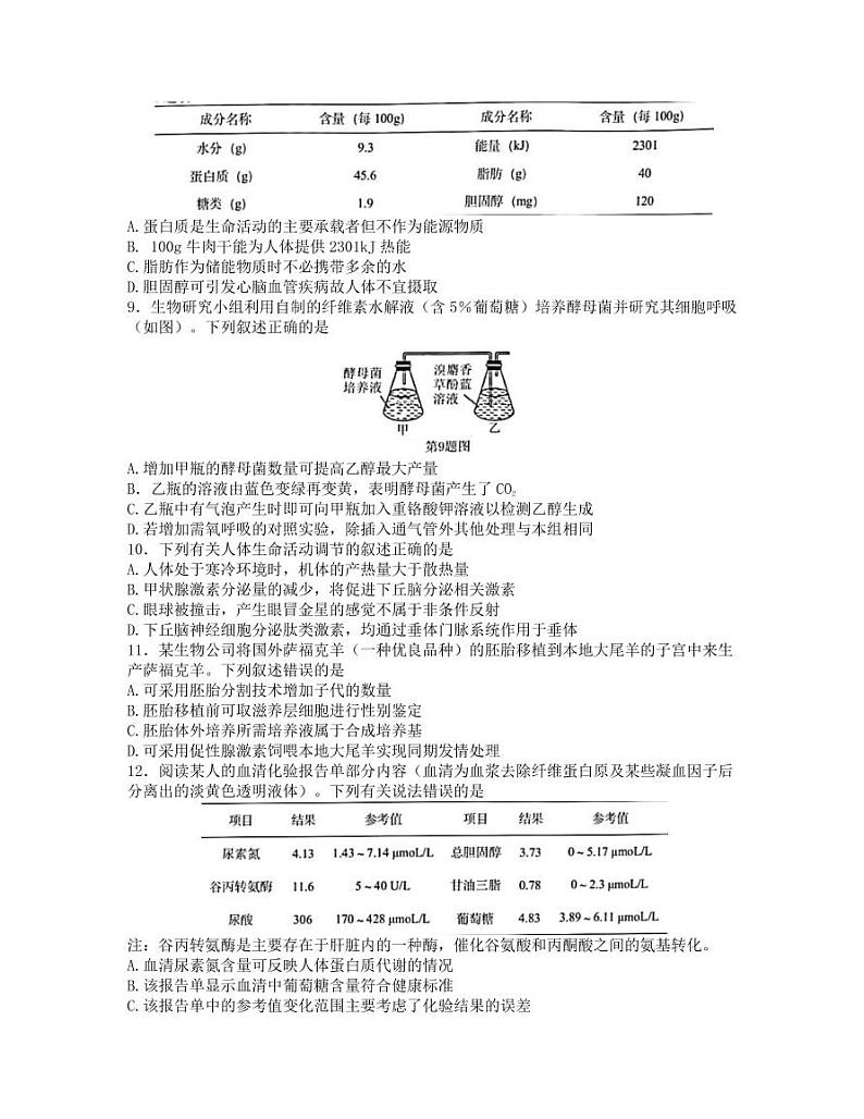 浙江省名校协作体2022-2023学年高三下学期联考生物试题及答案02