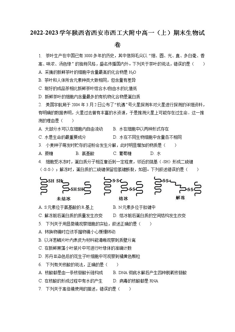 2022-2023学年陕西省西安市西工大附中高一(上)期末生物试卷(含答案解析)第1页