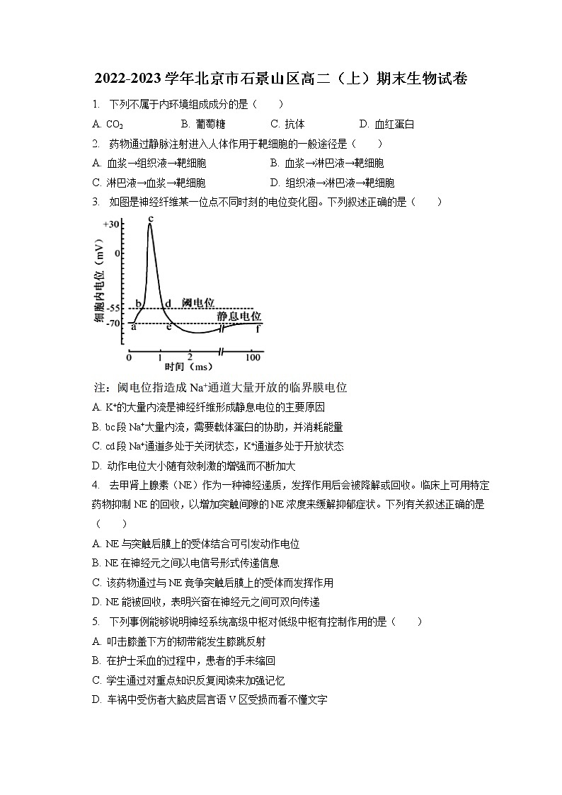 2022-2023學年北京市石景山區(qū)高二(上)期末生物試卷(含答案解析)第1頁