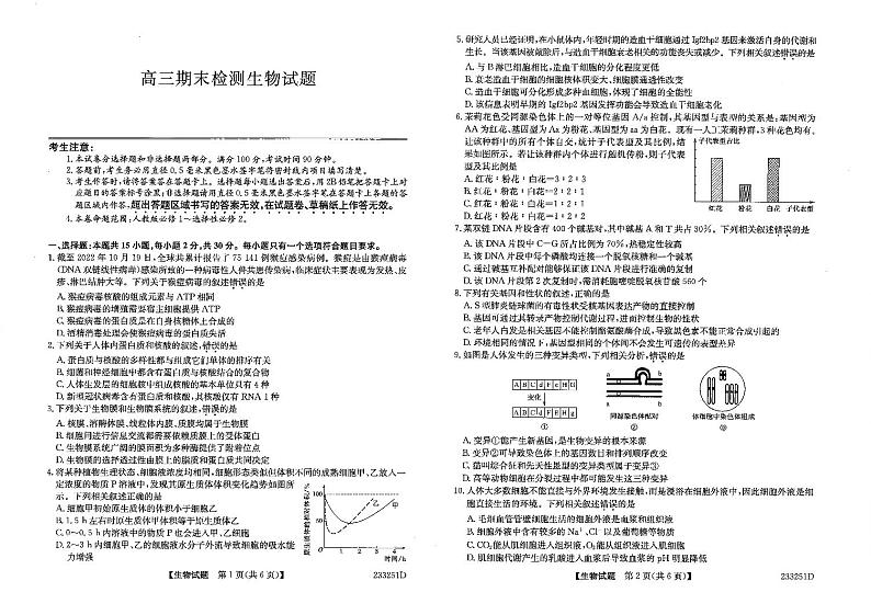 山东省泰安市2023届学年高三上学期2月期末生物第1页