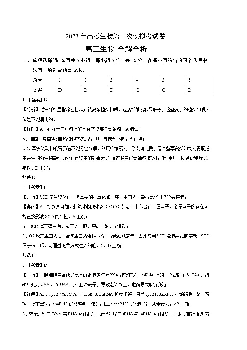 2023年高考第一次模拟考试卷:生物(全国甲卷)(全解全析)第1页