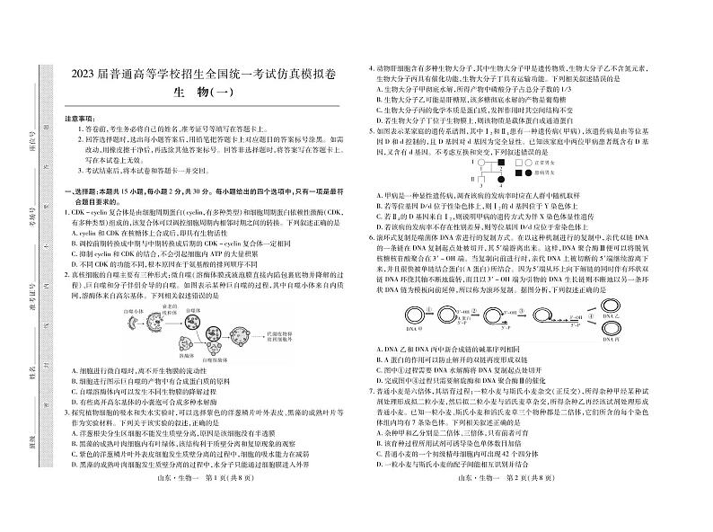 2023山东省高三下学期仿真模拟(一)生物试题扫描版含答案01