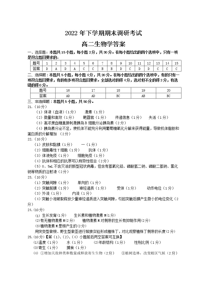 2023湖南省宁乡市高二上学期期末考试生物试题含答案01