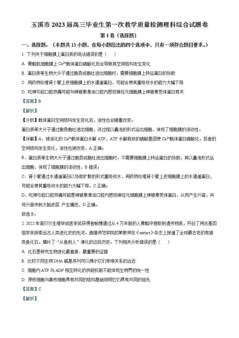 云南省玉溪市2022-2023學(xué)年高三下學(xué)期一模生物試題含解析第1頁