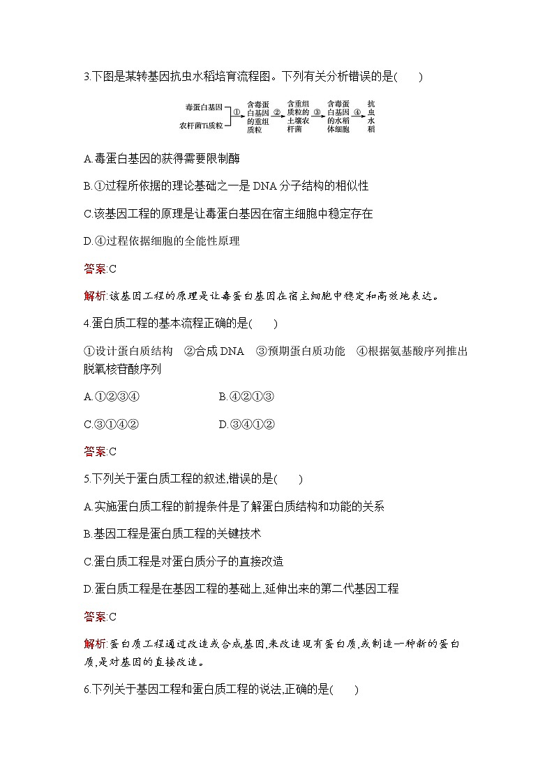 人教版(2019)高中生物选择性必修三第3章第3节基因工程的应用--第4节蛋白质工程的原理和应用作业含答案第2页