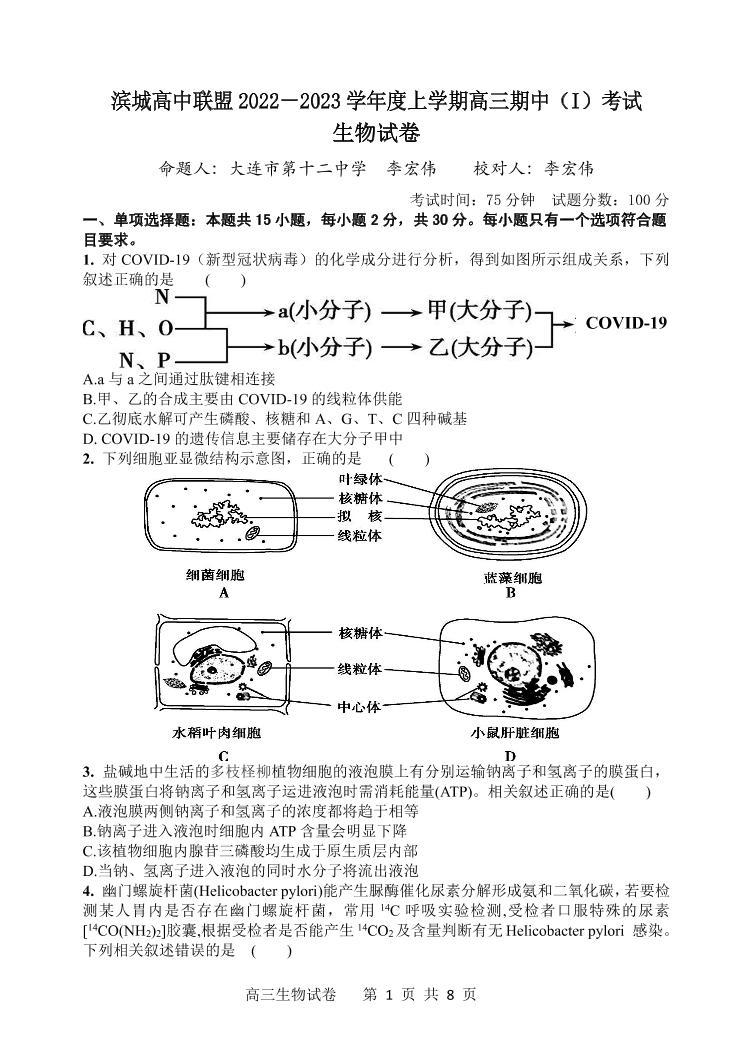 2023届辽宁省大连市滨城联盟高三上学期期中（Ⅰ）考试 生物试题（PDF版）01