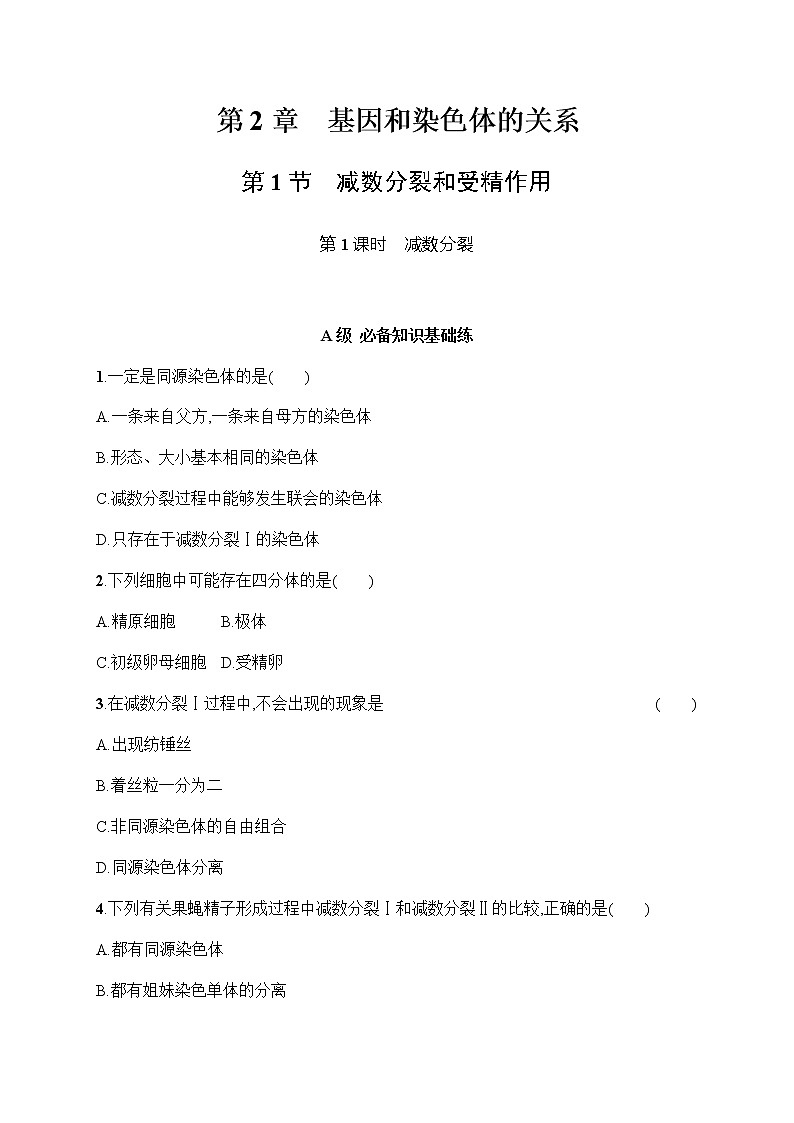 人教版高中生物必修二减数分裂作业含答案01