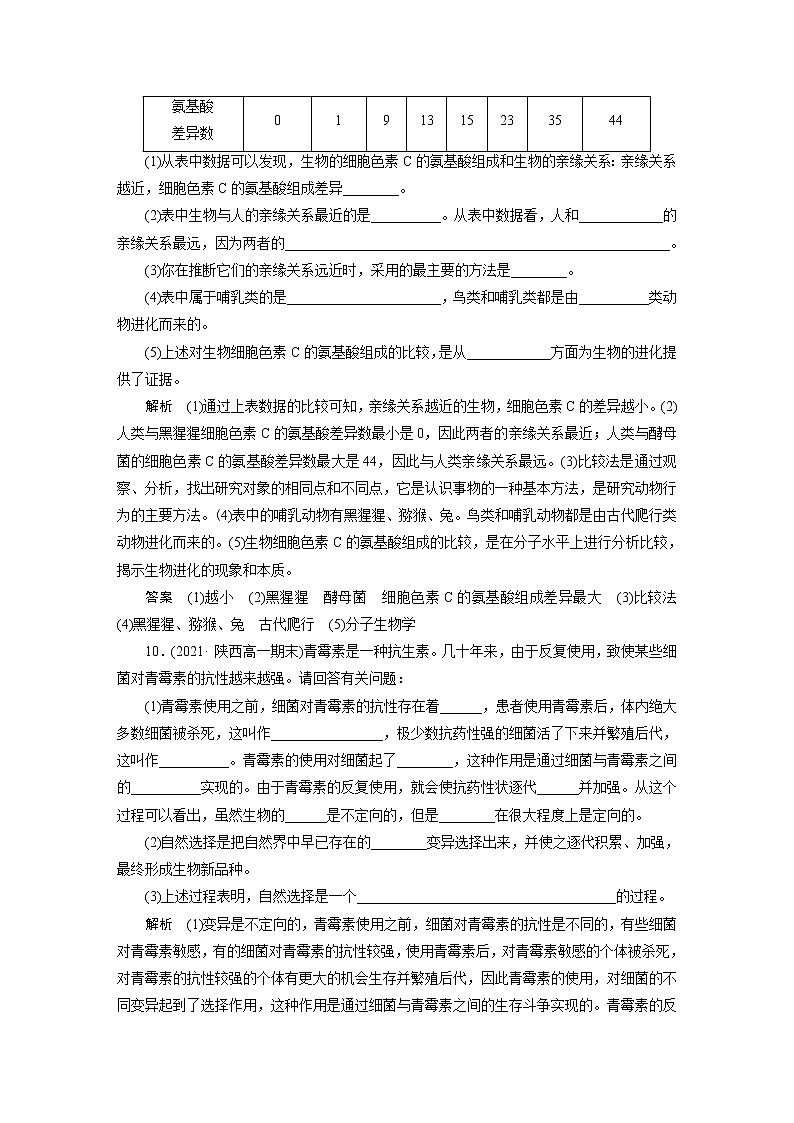 人教版高中生物必修二生物有共同祖先的证据自然选择与适应的形成作业含答案203