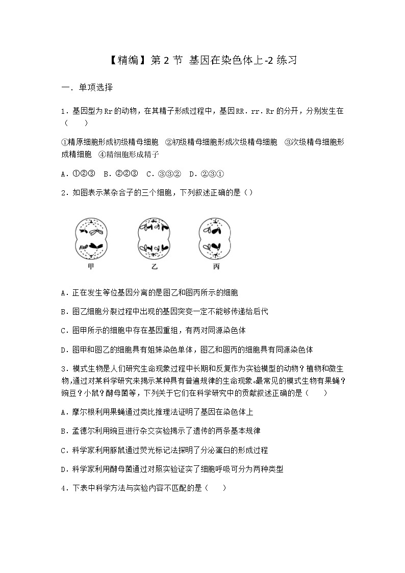 人教版高中生物必修2第2节基因在染色体上作业含答案301