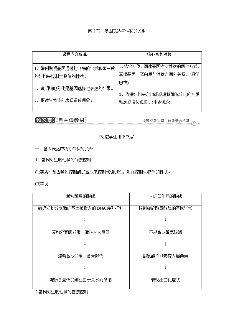 人教版高中生物必修二基因表达与性状的关系学案第1页