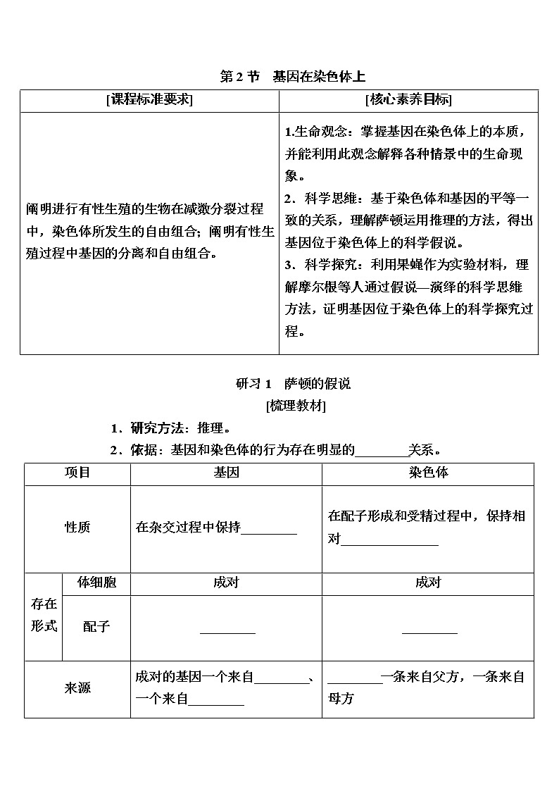 人教版高中生物必修2 2-2基因在染色体上学案第1页