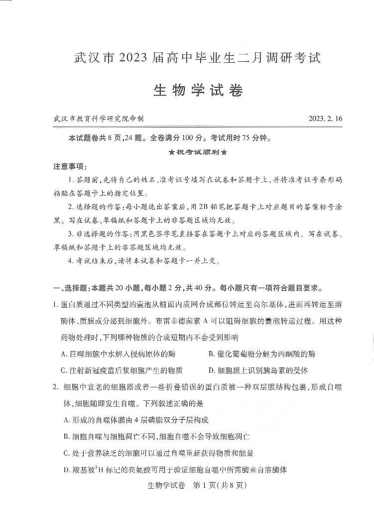 2023武汉高三下学期2月调研考试生物PDF版含答案01