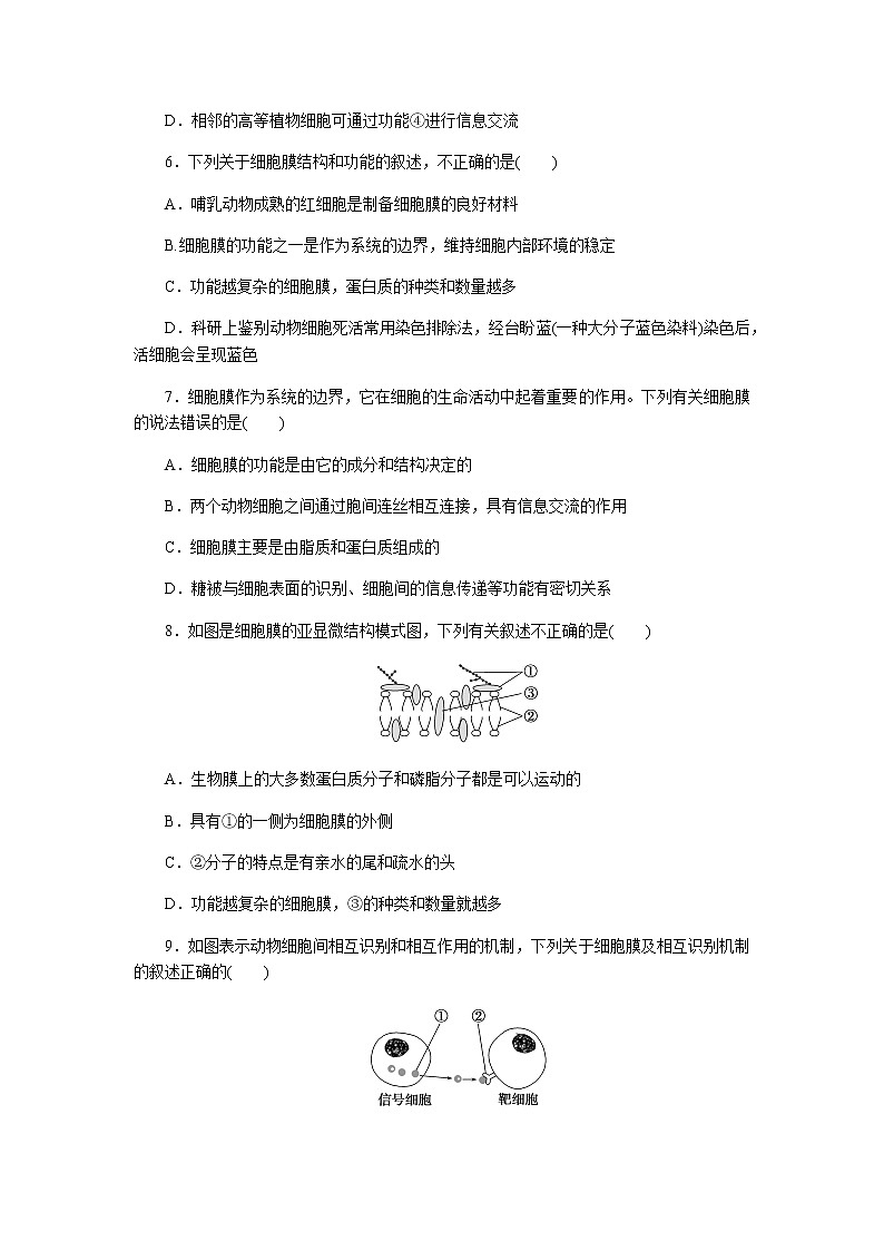 人教版高中生物必修一细胞膜的结构和功能作业含答案第3页