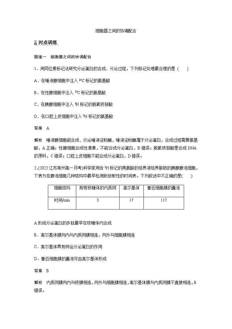 人教版高中生物必修一细胞器之间的协调配合作业含答案01