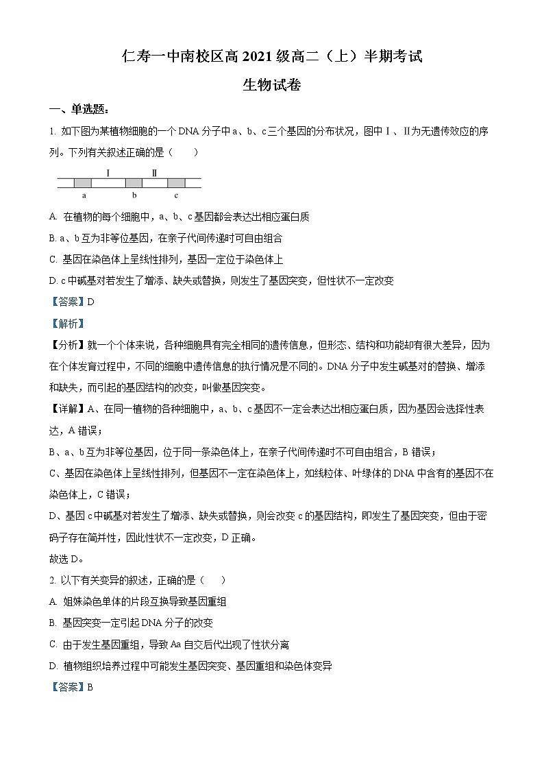 2023眉山仁寿一中校南校区高二上学期期中考试生物试题含解析01