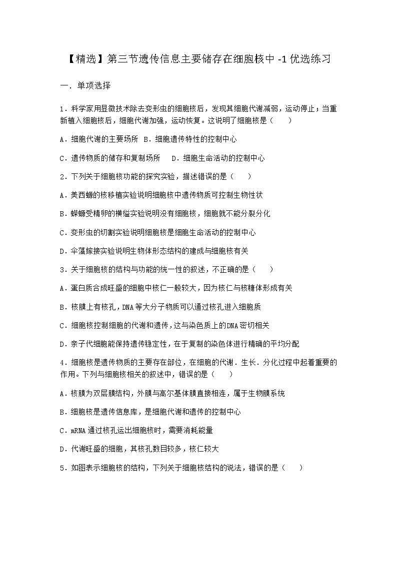 沪教版高中生物必修1第三节遗传信息主要储存在细胞核中优选作业含答案第1页