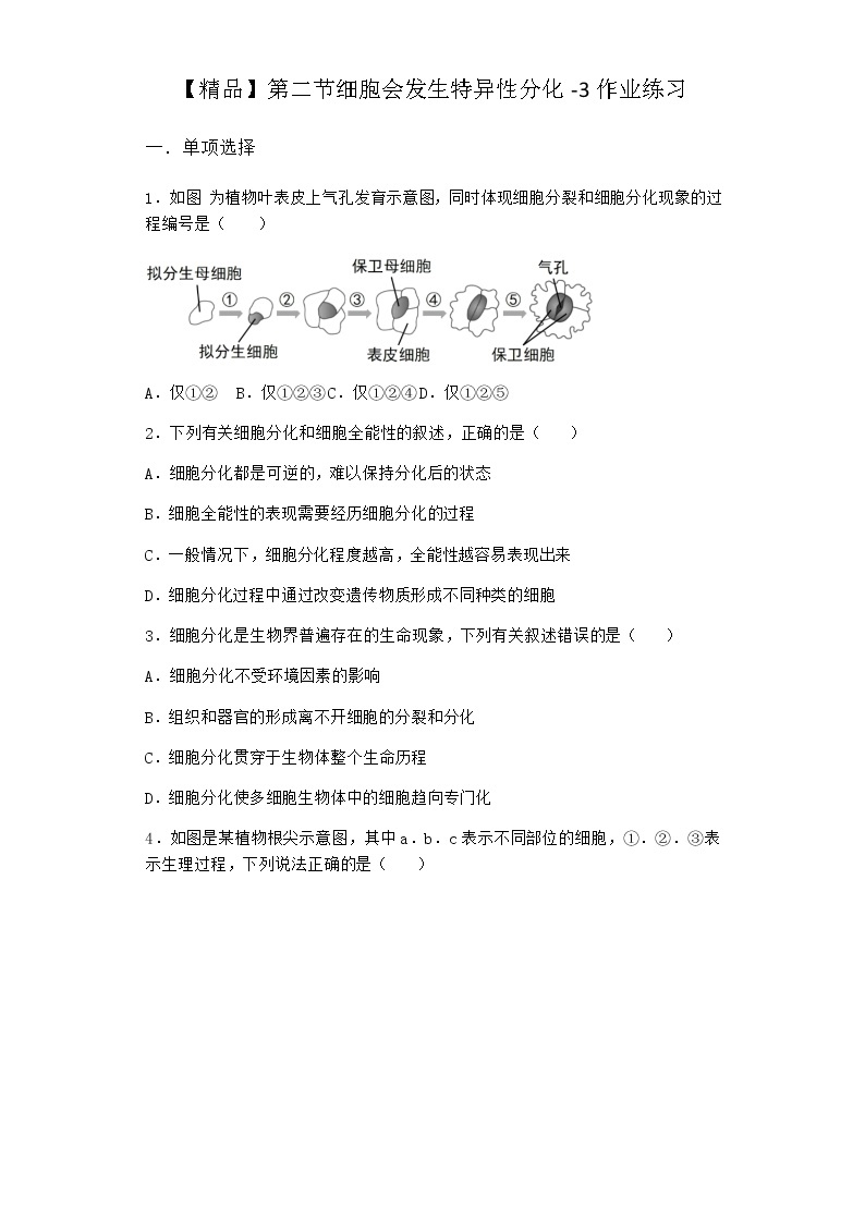 沪教版高中生物必修1第二节细胞会发生特异性分化作业含答案101