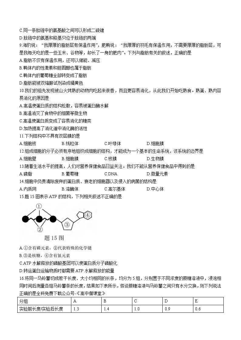 2023重庆市高一上学期期末联合检测生物试题含答案第2页