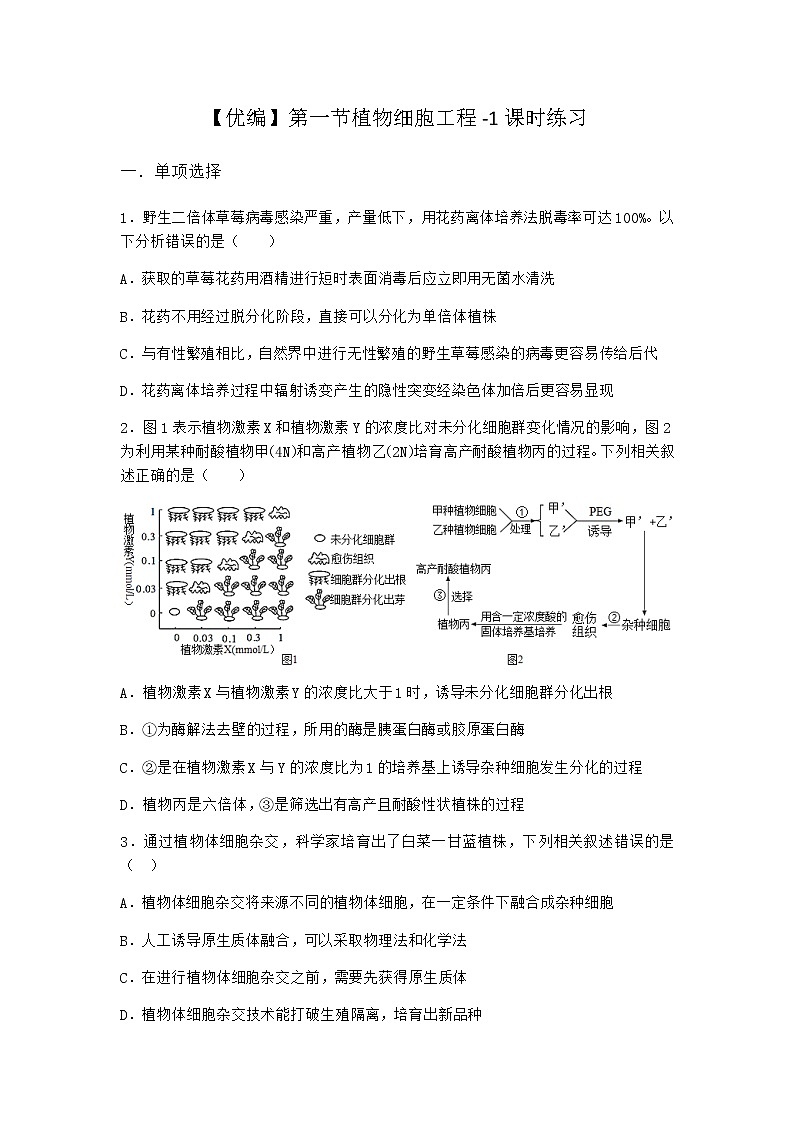 北师大版高中生物选择性必修3第一节植物细胞工程课时作业含答案401