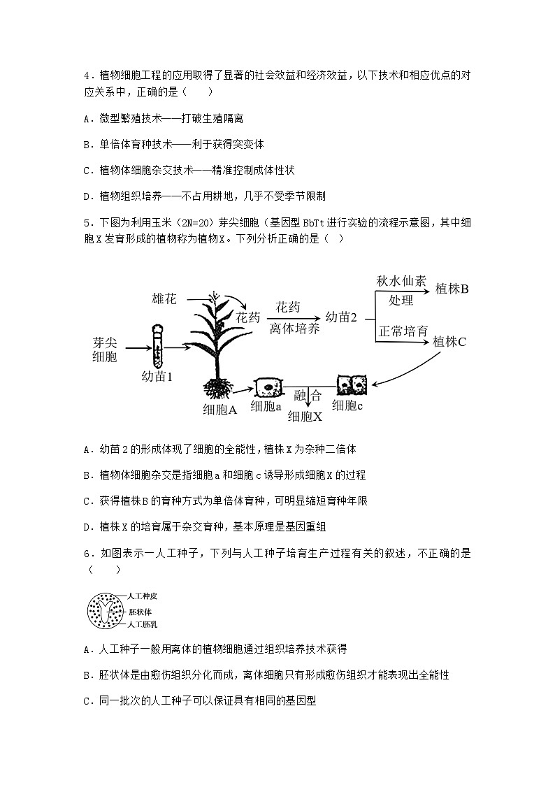 北师大版高中生物选择性必修3第一节植物细胞工程课时作业含答案402