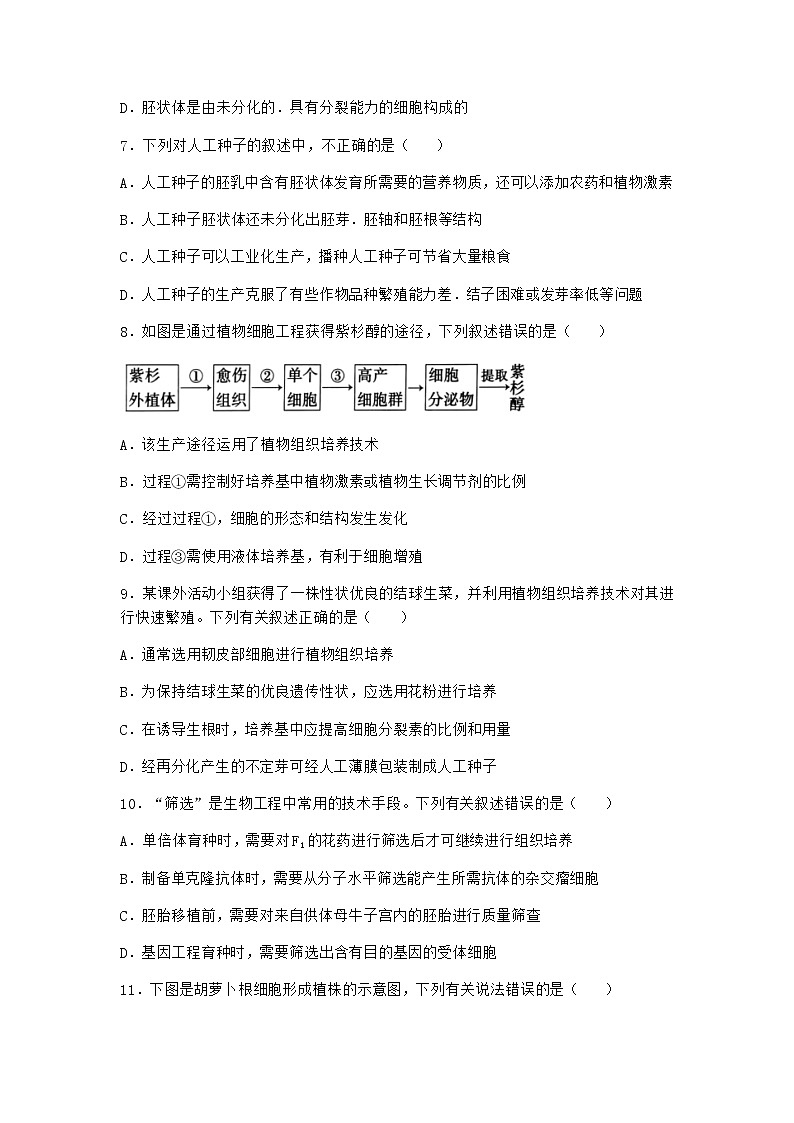 北师大版高中生物选择性必修3第一节植物细胞工程课时作业含答案403