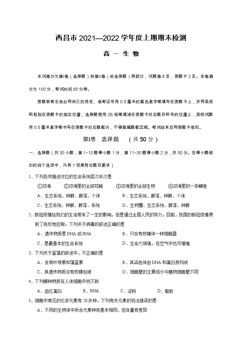 2022涼山州西昌高一上學(xué)期期末檢測(cè)生物試題含答案第1頁(yè)