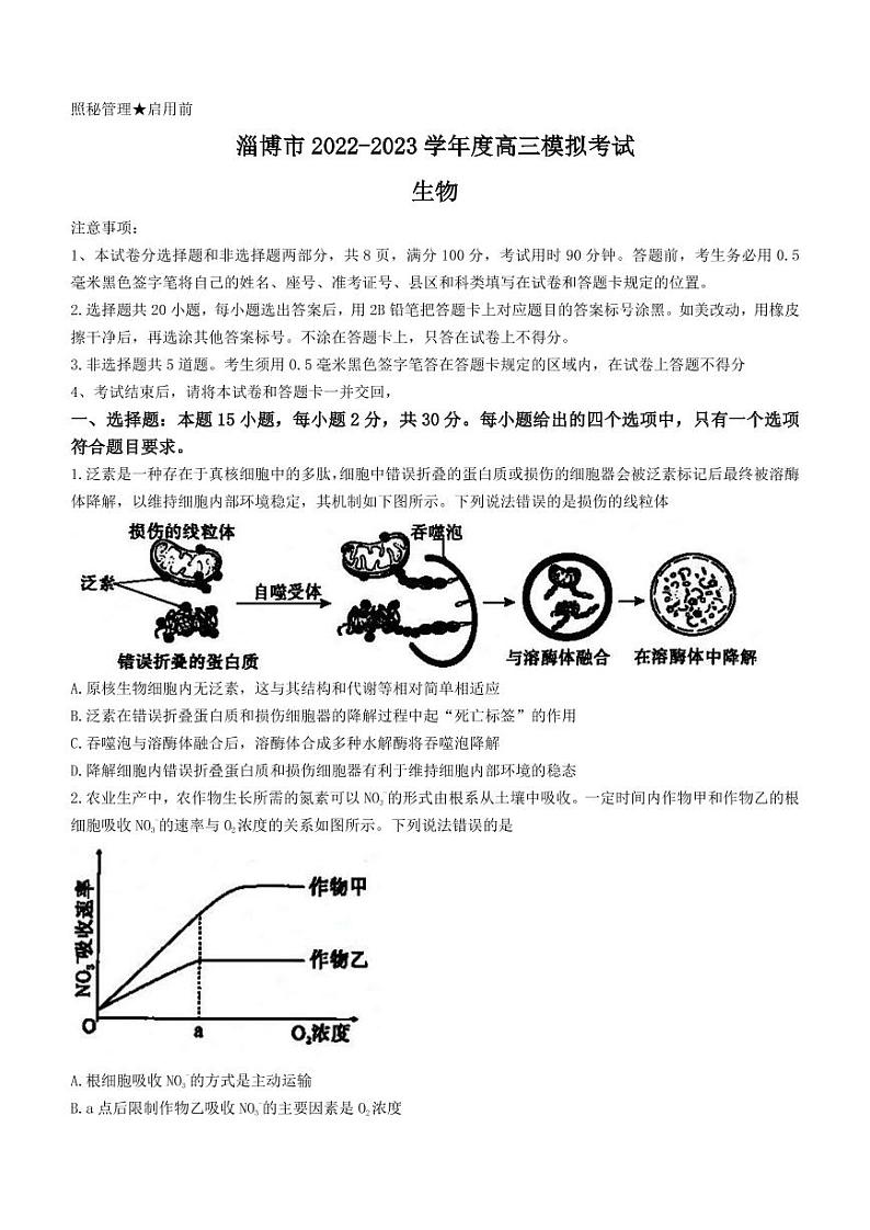 2023年山东省淄博市高三一模生物试题含答案解析第1页