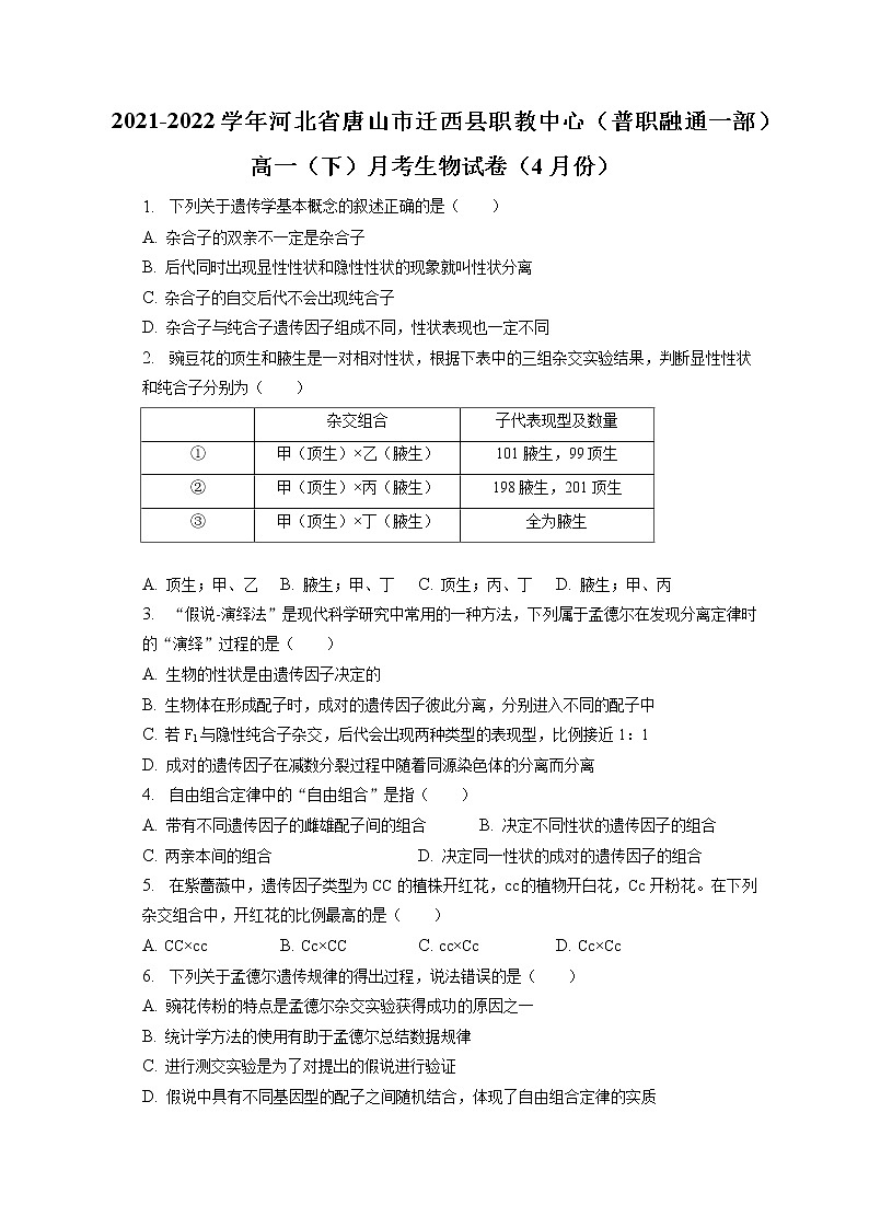 2021-2022学年河北省唐山市迁西县职教中心(普职融通一部)高一(下)月考生物试卷(4月份)(含答案解析)第1页