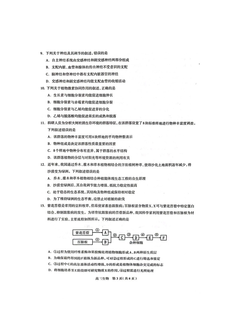 2023石家庄高三下学期3月教学质量检测（一）生物图片版无答案03