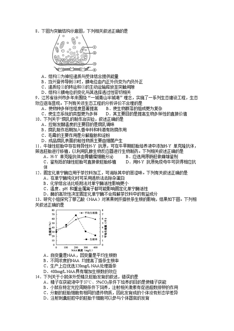 2017年江苏高考生物试卷及答案第2页