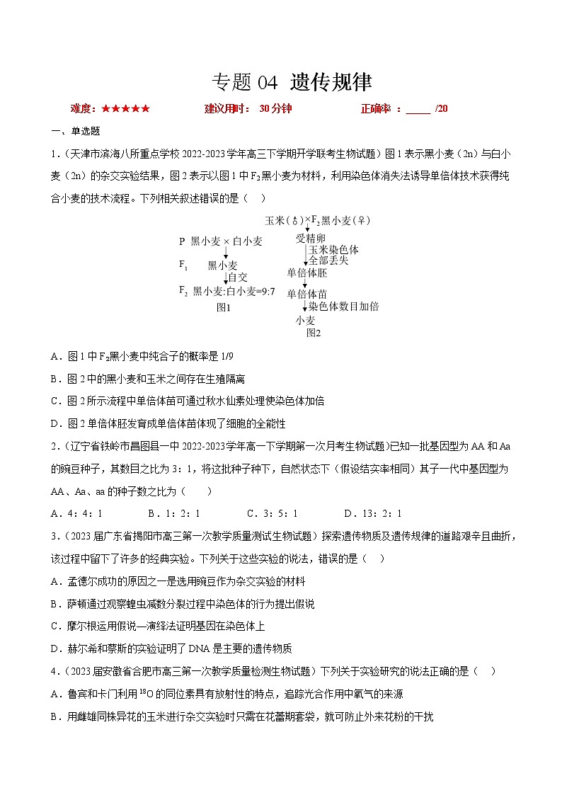 专题卷04 遗传规律——【备考2023】高考生物小题集训(新高考专用)(原卷版)第1页
