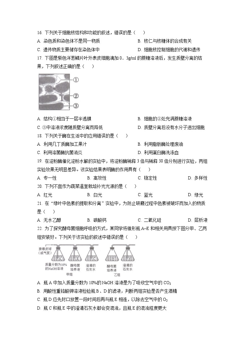 广东省广州市六区2022-2023学年高一生物上学期期末教学质量监测试题（Word版附答案）03