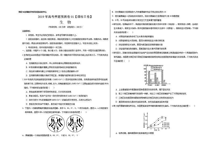 高中生物高考2020年高考押题预测卷01(课标Ⅱ卷)-生物(考试版)01