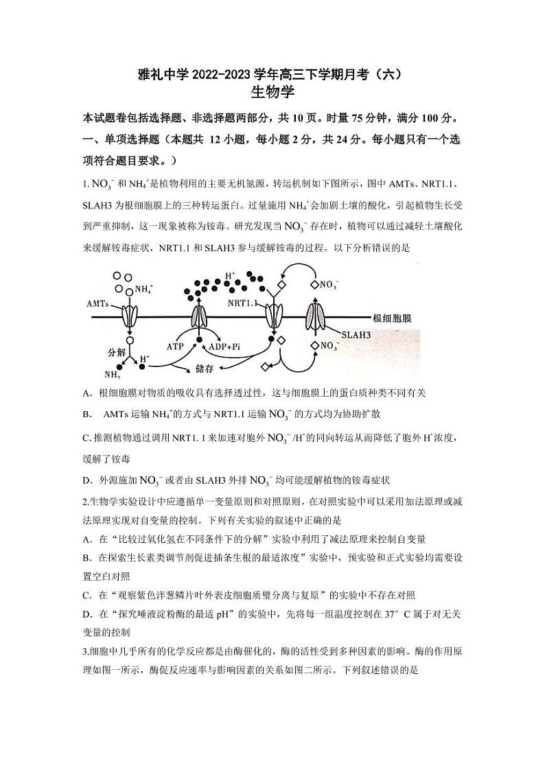 2022-2023学年湖南省长沙市雅礼中学高三下学期月考(六)生物学试题(PDF版)第1页