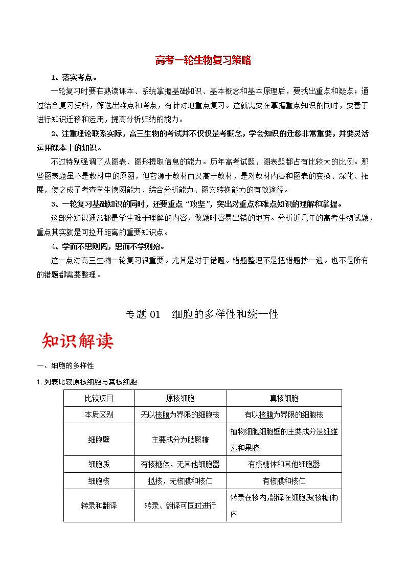 专题01 细胞的多样性和统一性(学生版)第1页