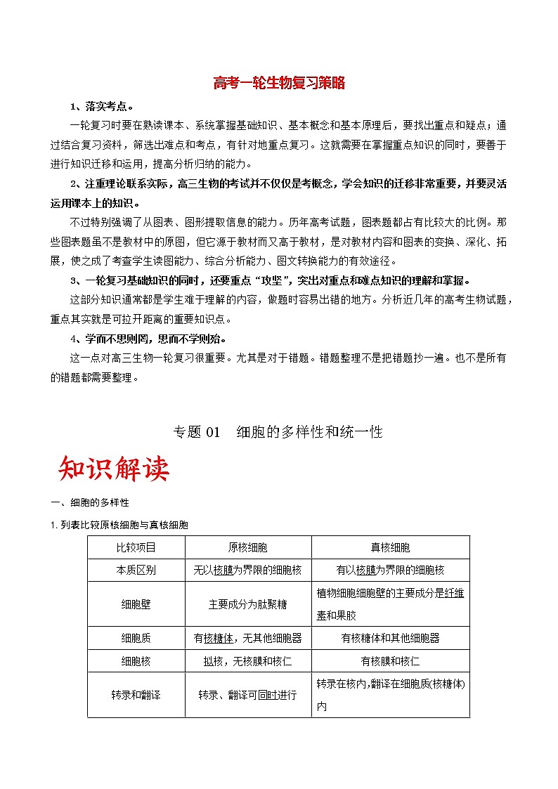 专题01 细胞的多样性和统一性(教师版)第1页