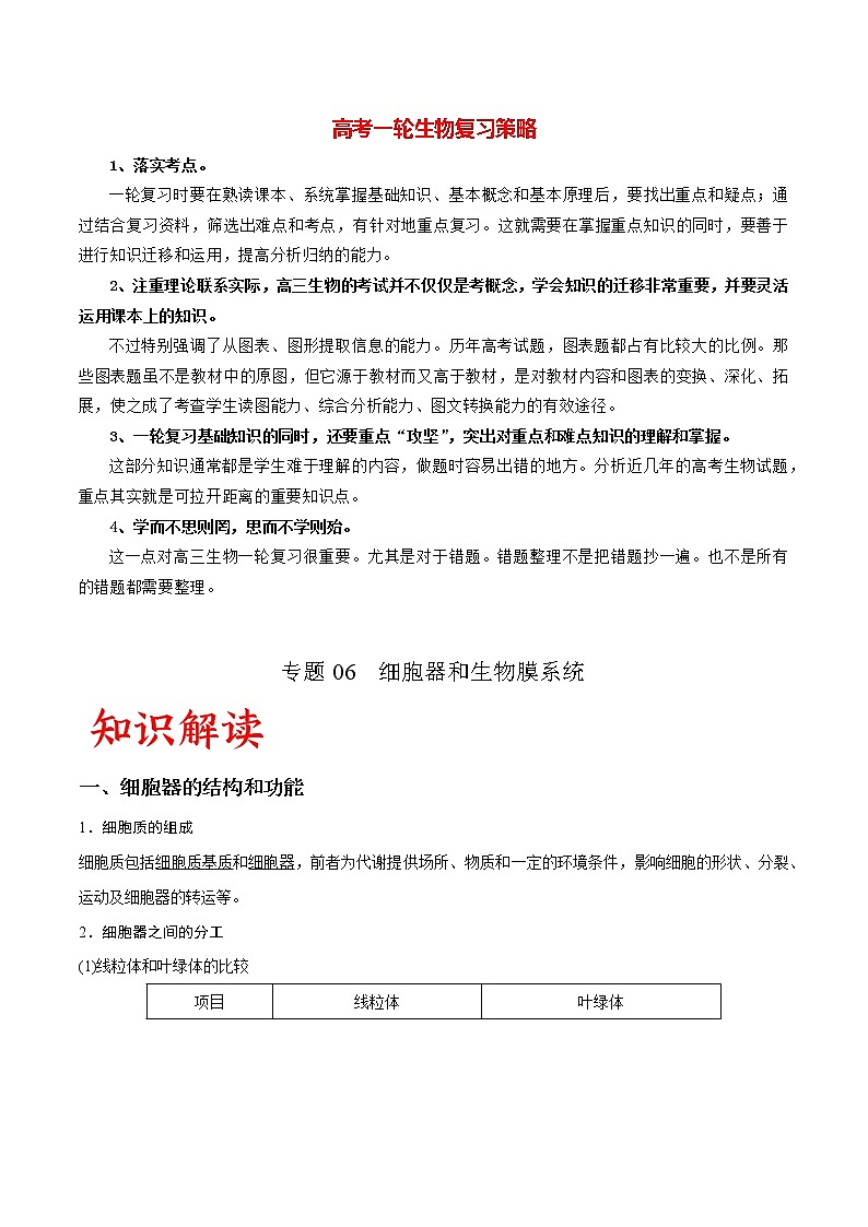 高考生物一轮复习重难点专项 专题06 细胞器和生物膜系统01
