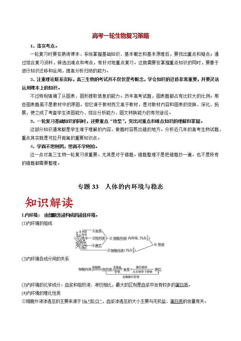 专题33 人体的内环境与稳态(教师版)第1页