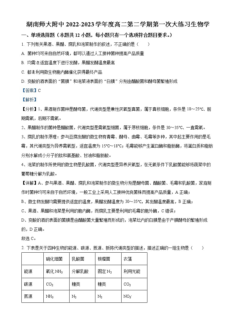 湖南省长沙市湖南师大附中2022-2023学年高二下学期第一次月考生物试题含解析第1页