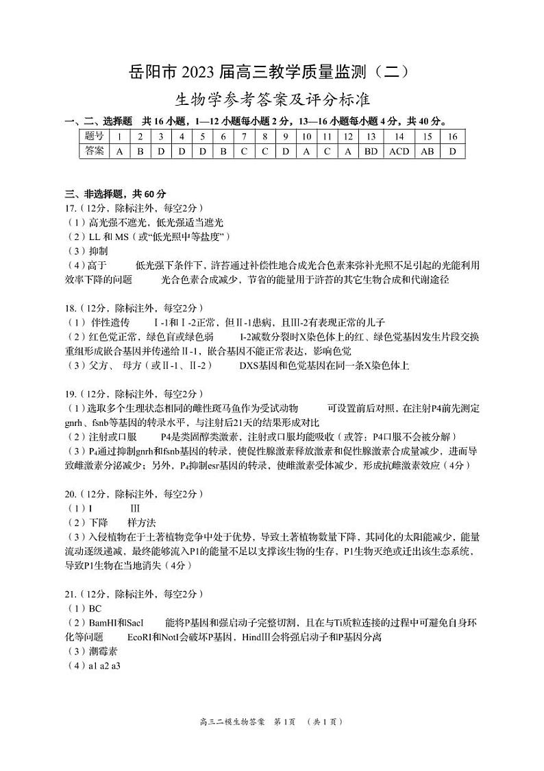 2023届湖南省岳阳市高三教学质量监测(二)生物试题(含答案)01