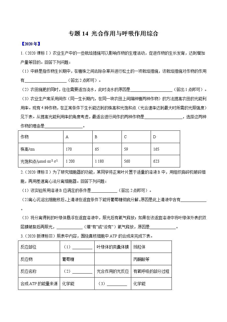 高中生物高考专题14 光合作用与呼吸作用综合-十年(2011-2020)高考真题生物分项详解(原卷版)第1页