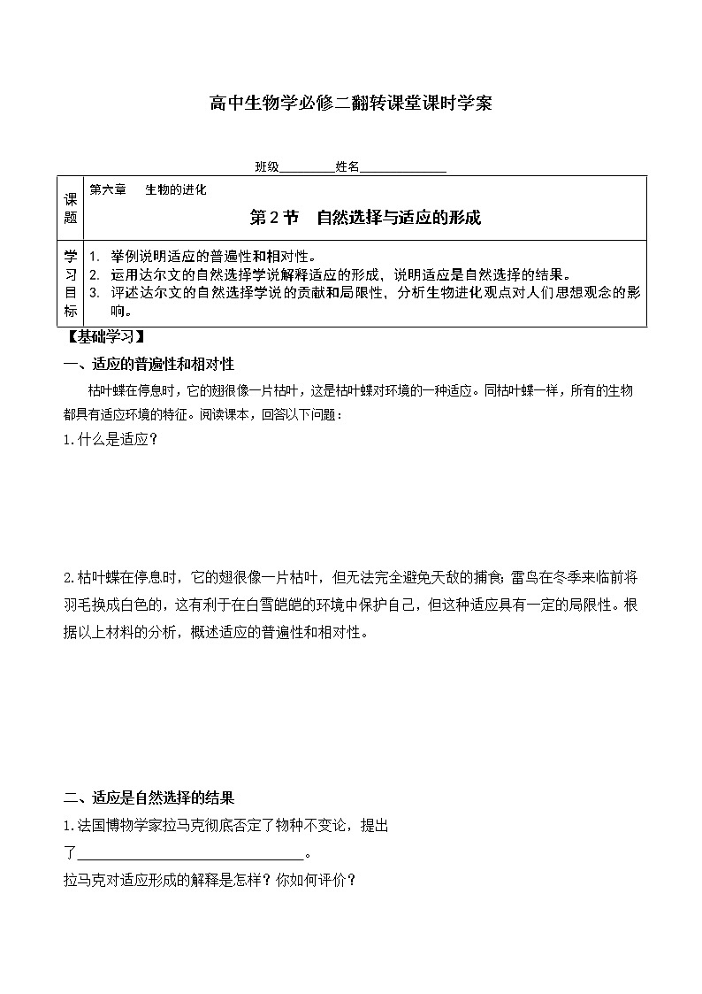 6.2 自然选择与适应的形成-高一生物下学期同步教学优质学案(人教版必修2)第1页