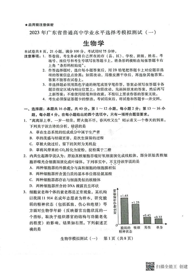 2023年广东省普通高中学业水平选择考模拟测试（一）生物01