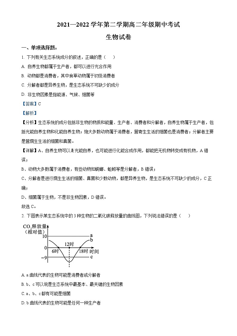 2022扬州宝应县高二下学期期中考试生物含解析01