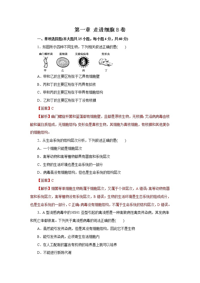 高中生物第一冊(cè) 第01章 走進(jìn)細(xì)胞(B卷)(含答案)第1頁(yè)