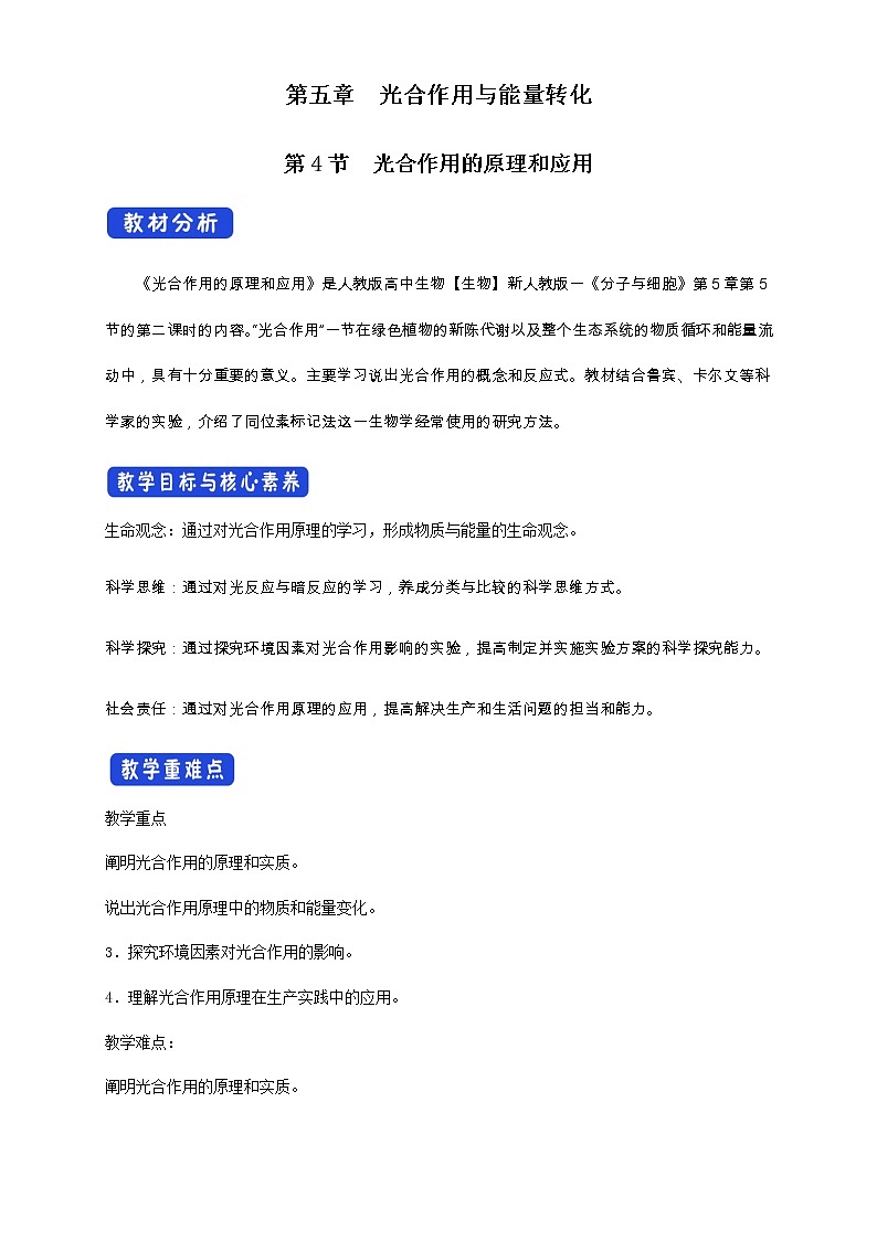 高中生物第一册 5 4 2 光合作用与能量转化 教学设计第1页
